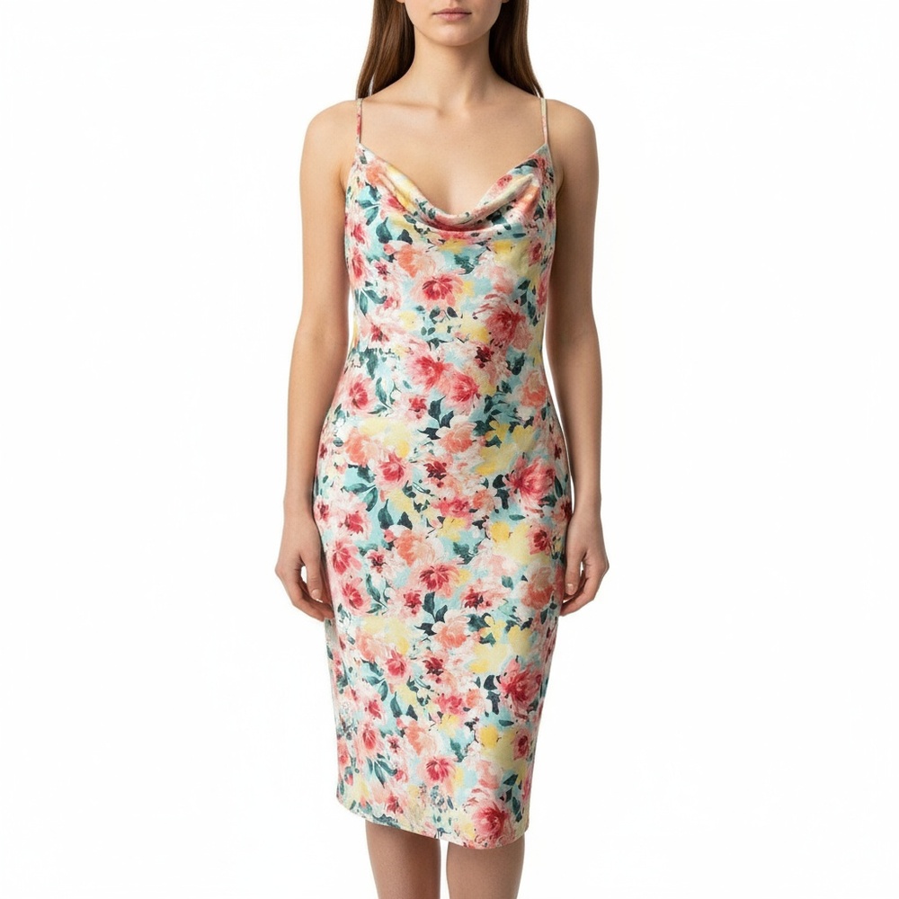 Iris Slip Dress XL Multicolor Floral Cowl Neck Knee Length Tropical Feminine New